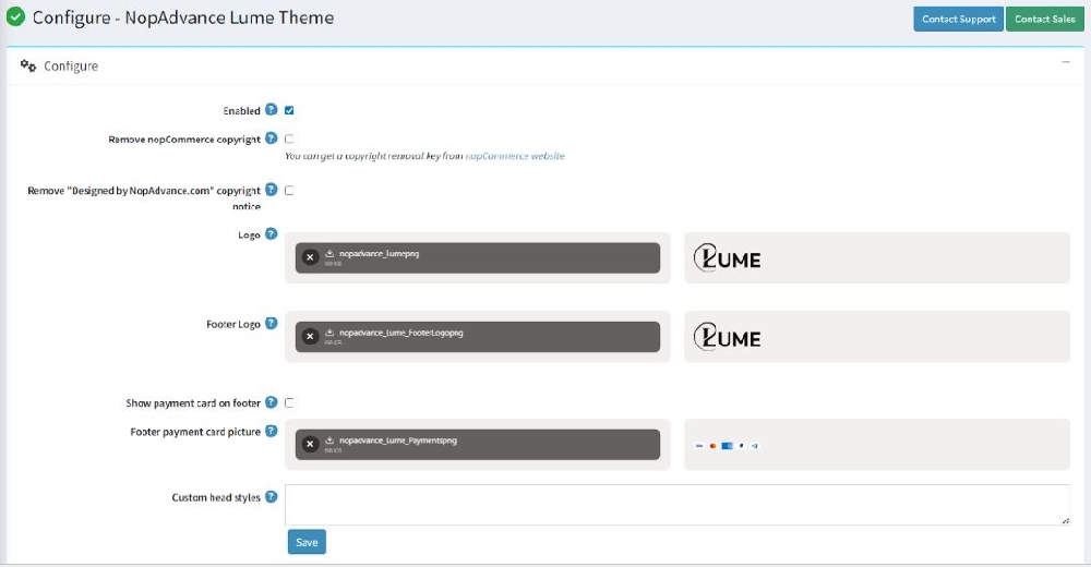 lume theme configuration panel